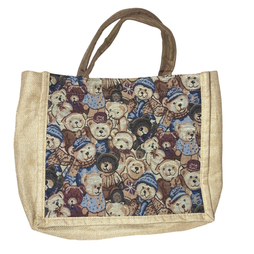 Tapestry Teddy Bear Burlap Tote Bag Tan Woven Animal Print Shopping Bag
